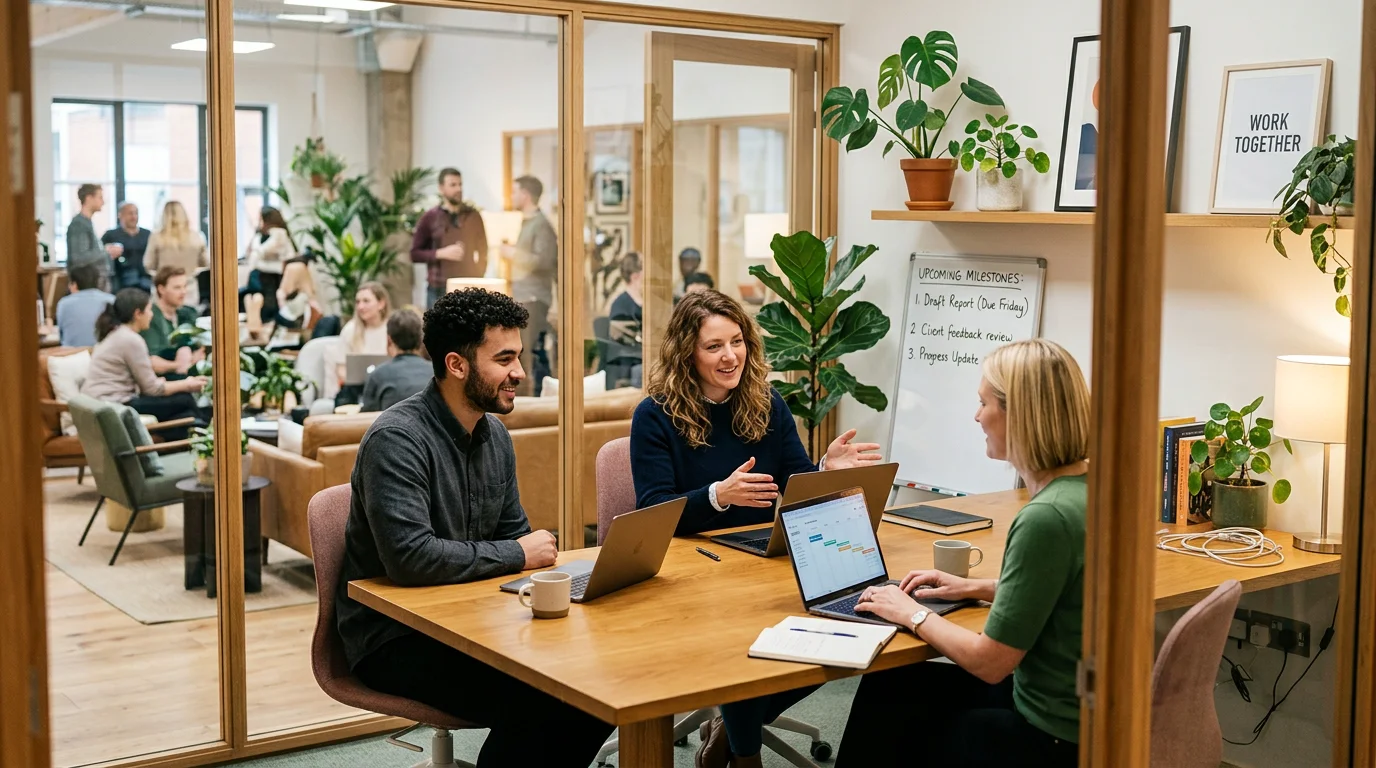 A team working in a glass-walled private office inside a coworking hub
