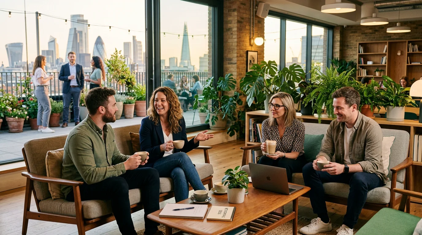 Professionals networking in a coworking lounge with a rooftop terrace