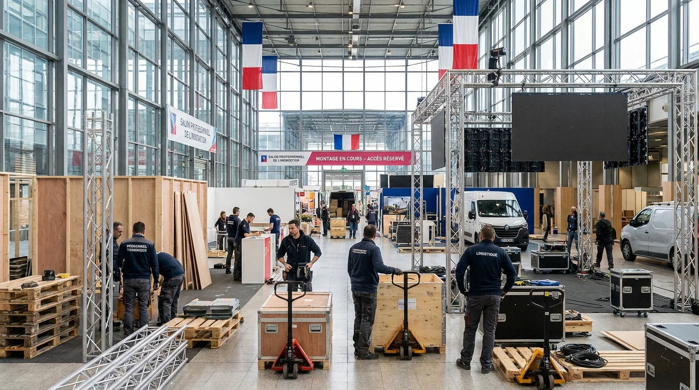 Montage d'un salon professionnel en France avec du personnel intérimaire en action