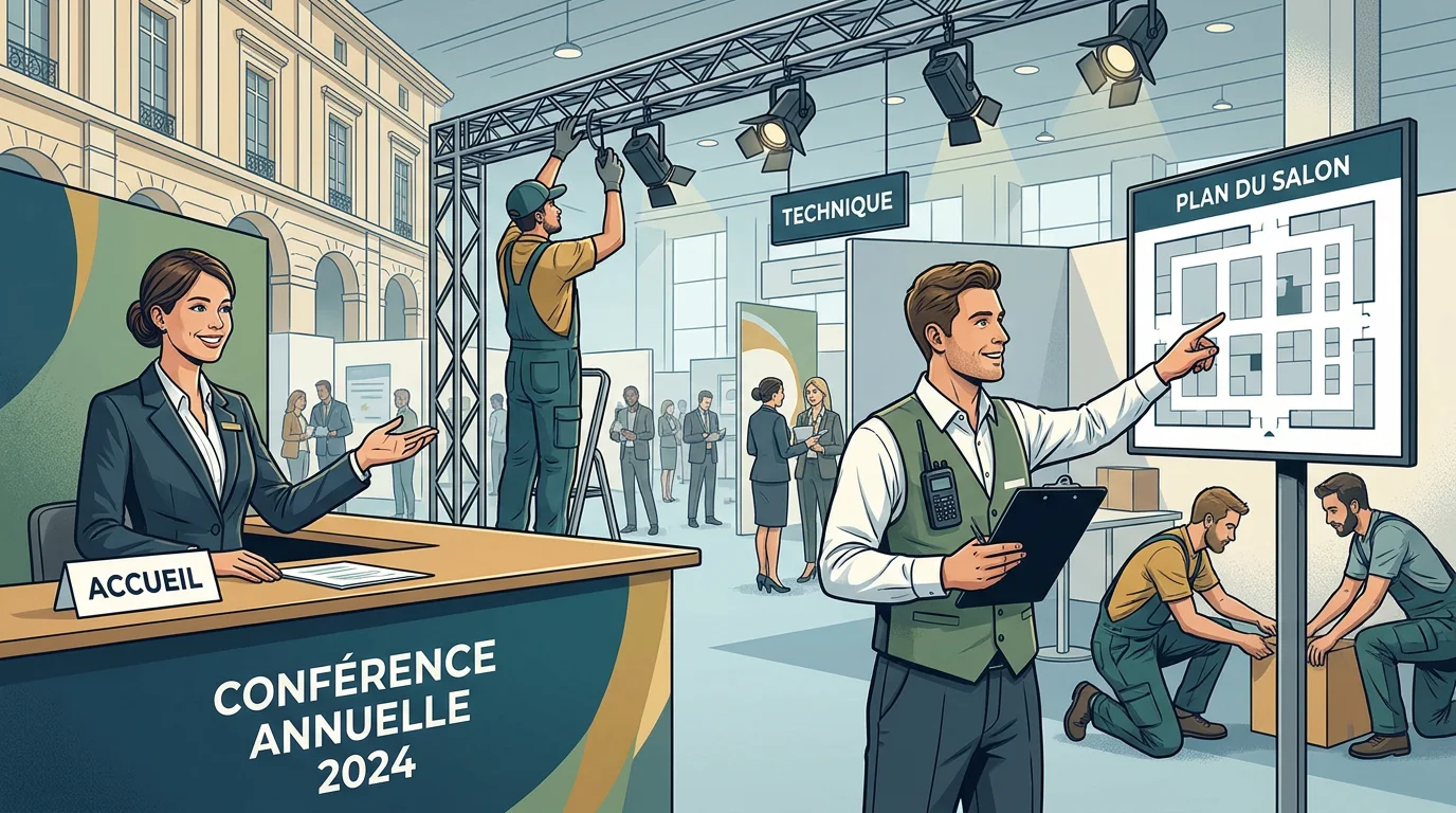 Équipe événementielle en action lors d'un événement professionnel en France