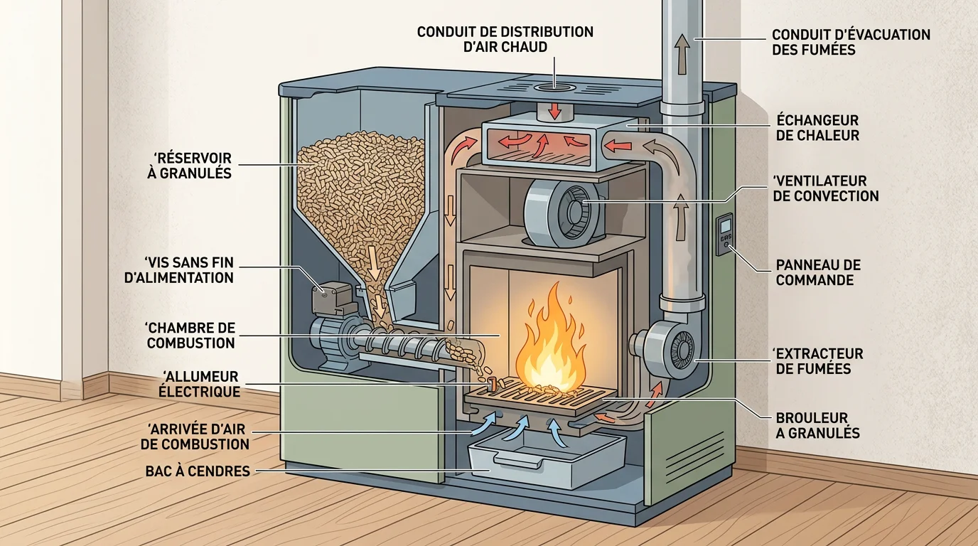 Schéma du fonctionnement interne d'un poêle à granulés