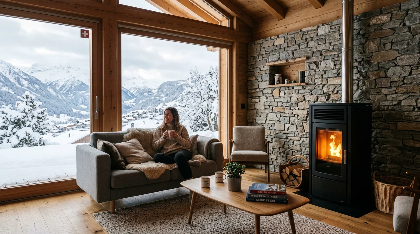 Poêle à granulés installé dans un salon suisse en hiver
