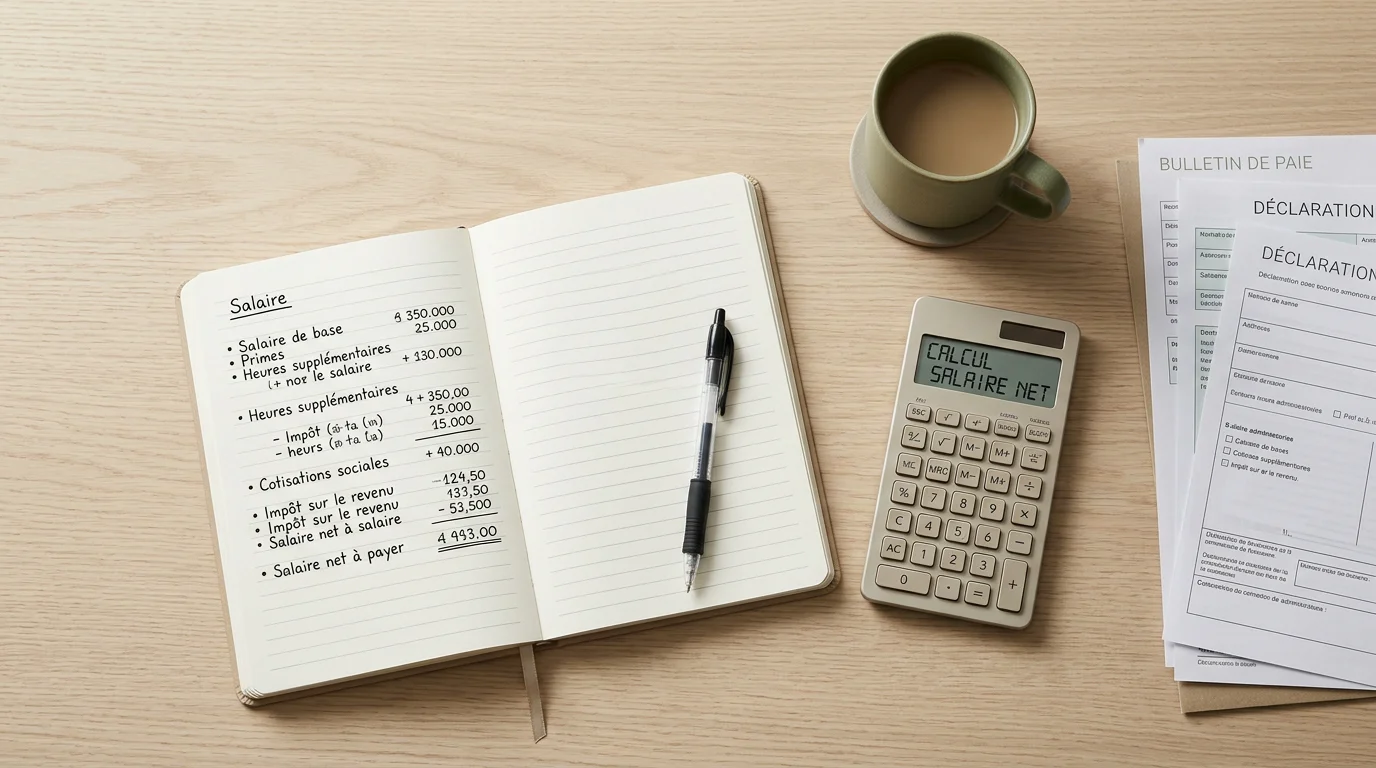 Bureau avec calculatrice et documents pour calculer le salaire brut d'une assistante maternelle