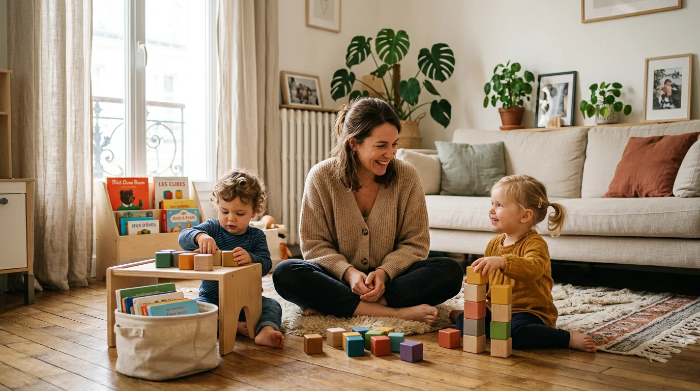 Assistante maternelle jouant avec deux enfants en garde partagée dans un salon lumineux