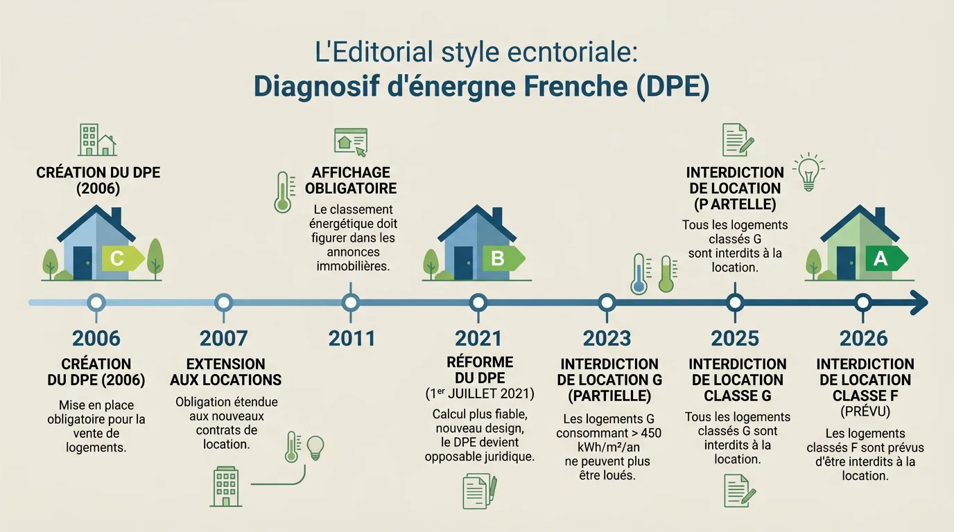 Frise chronologique de l'évolution du DPE obligatoire de 2006 à 2026