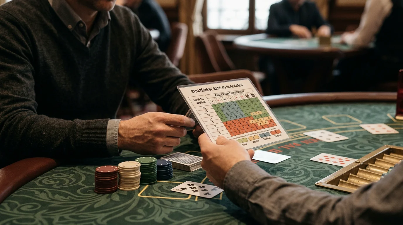 Joueur consultant une carte de stratégie à une table de blackjack