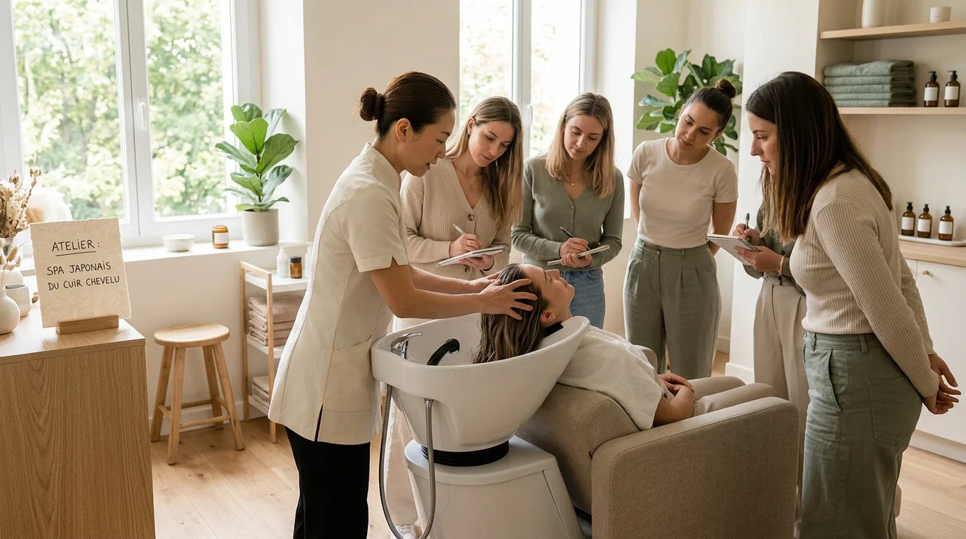 Formation professionnelle au head spa japonais avec démonstration en petit groupe