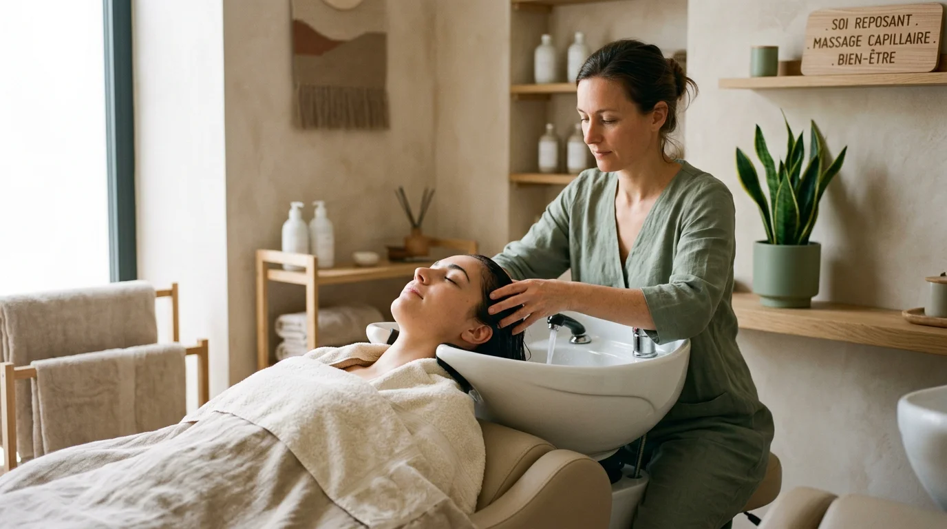 Praticienne réalisant un soin head spa japonais sur une cliente détendue en salon