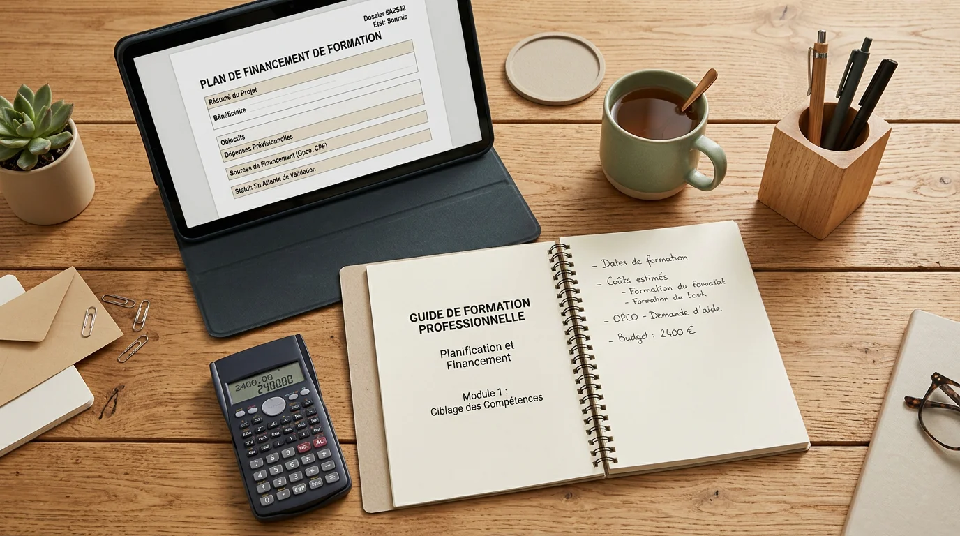 Bureau avec carnet et ordinateur pour planifier le financement d'une formation head spa