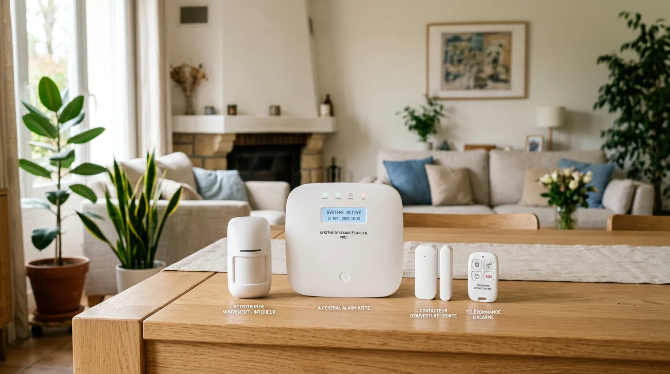 Kit d'alarme sans fil avec centrale, détecteurs et télécommande posé sur une table