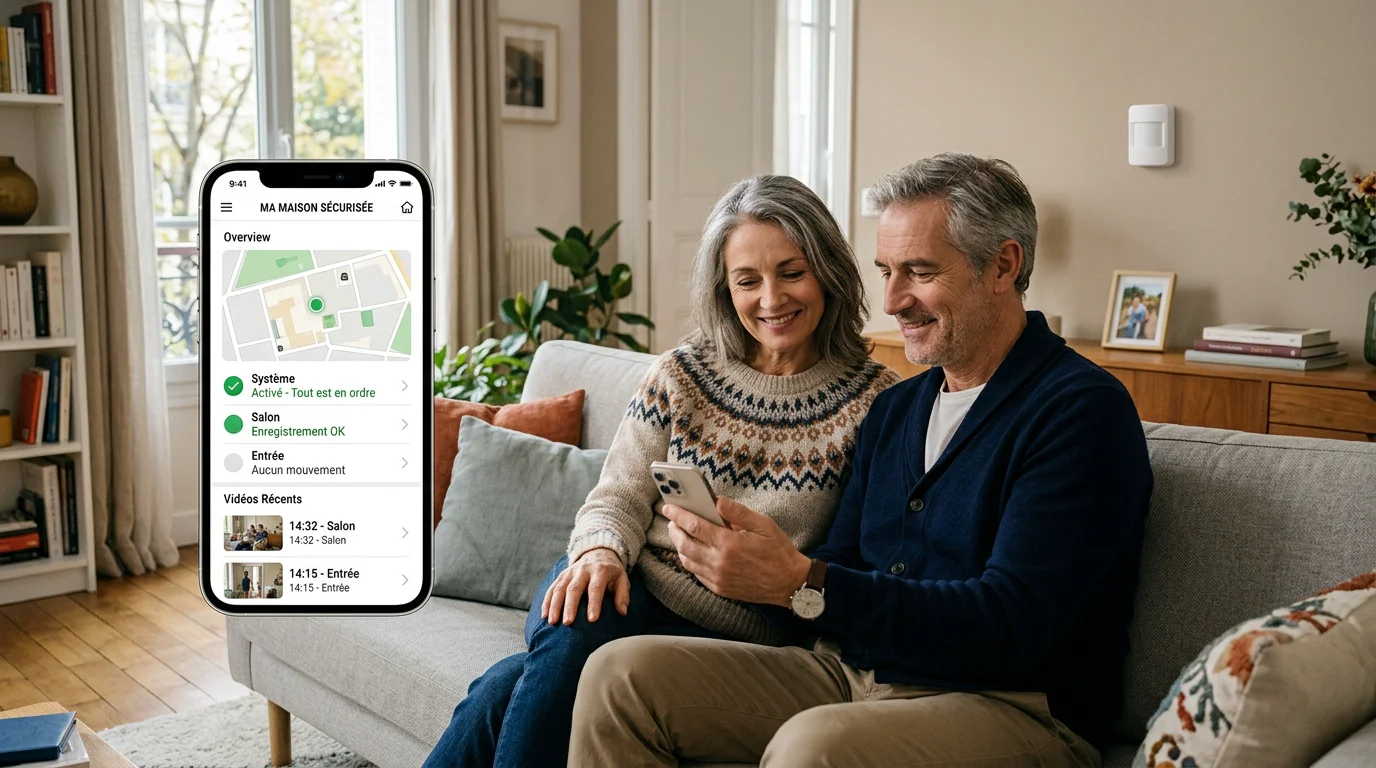 Couple consultant l'application de son alarme sans fil dans son salon