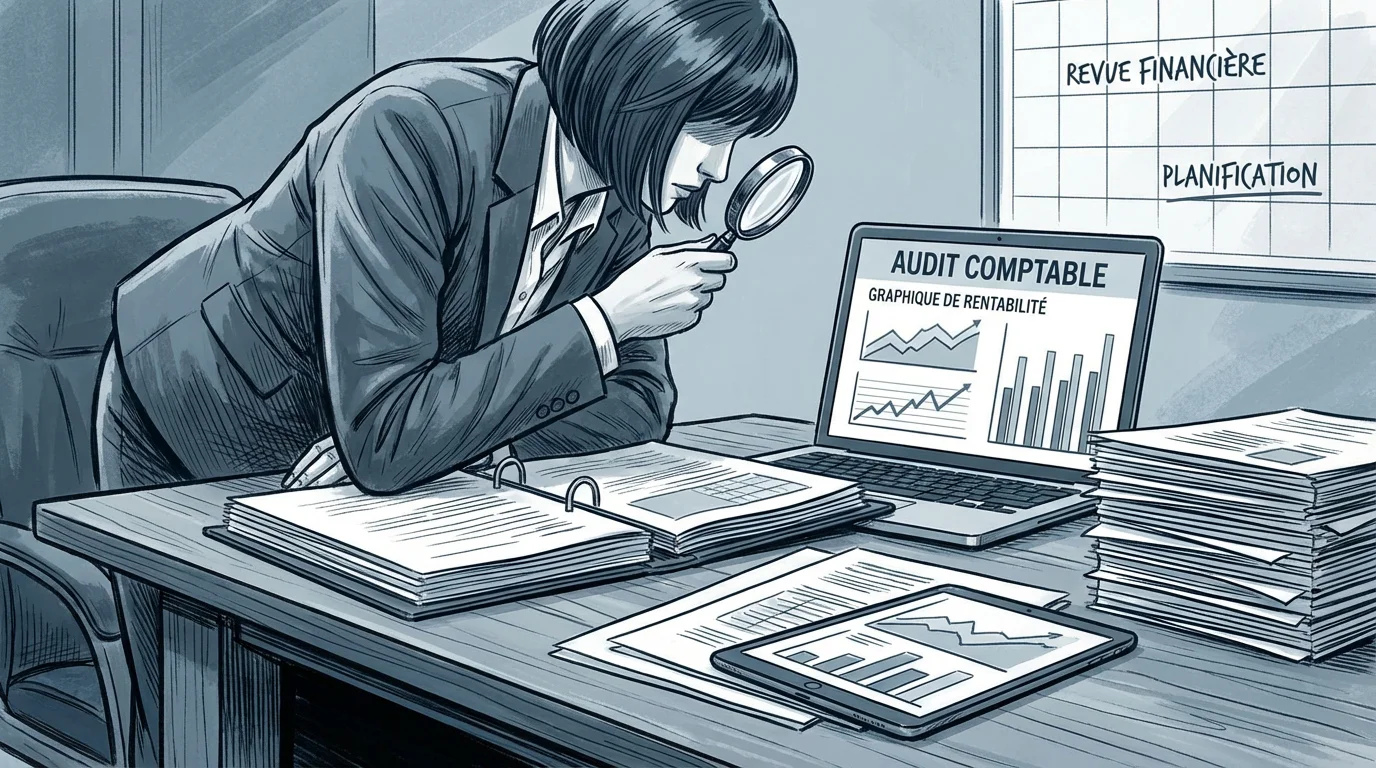 Auditeur financier analysant des documents comptables pour vérifier l'absence de frais cachés