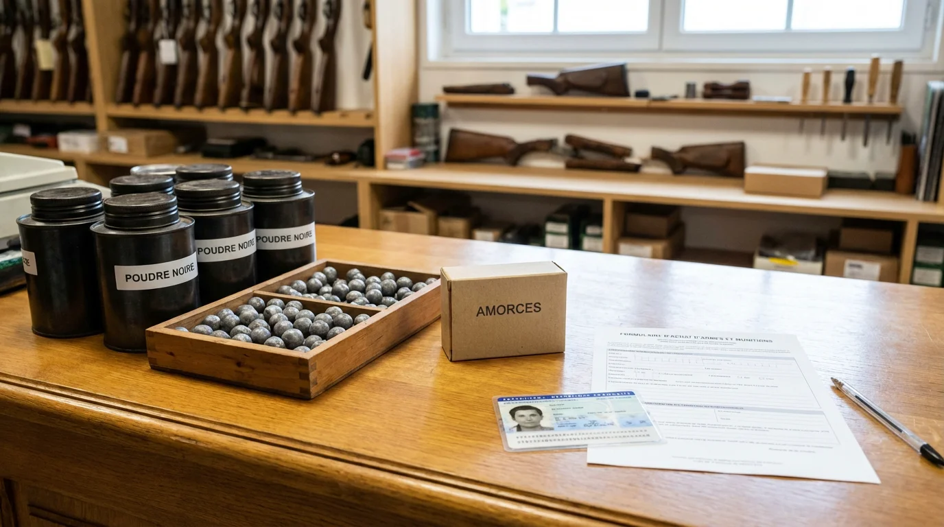 Comptoir d'armurerie française avec bidons de poudre noire, balles en plomb et document d'identité pour l'achat réglementé