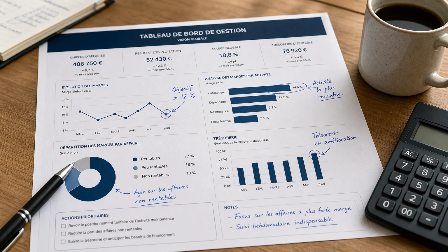 Tableau de bord reliant la vision d'entreprise aux marges et à la trésorerie