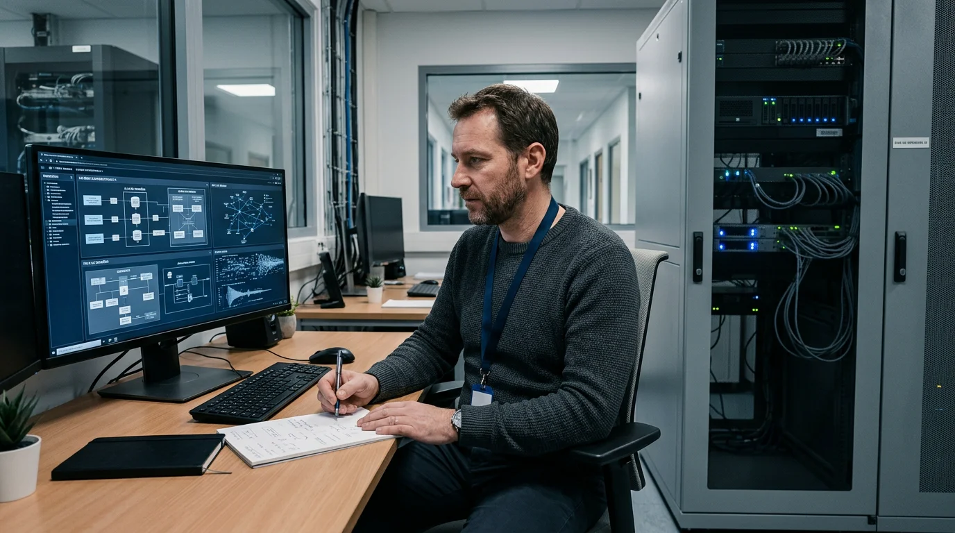 Un technicien européen supervise des flux de données d'intégration dans une salle informatique