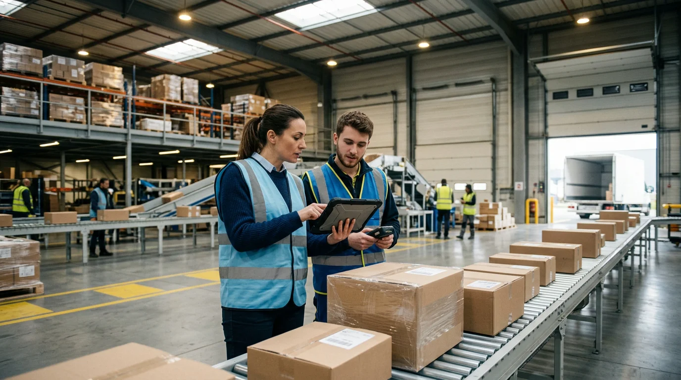 Deux professionnels européens contrôlent des colis dans un entrepôt logistique moderne