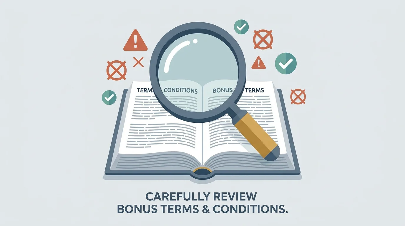 Illustration of a magnifying glass examining bonus terms and conditions with warning and approval icons