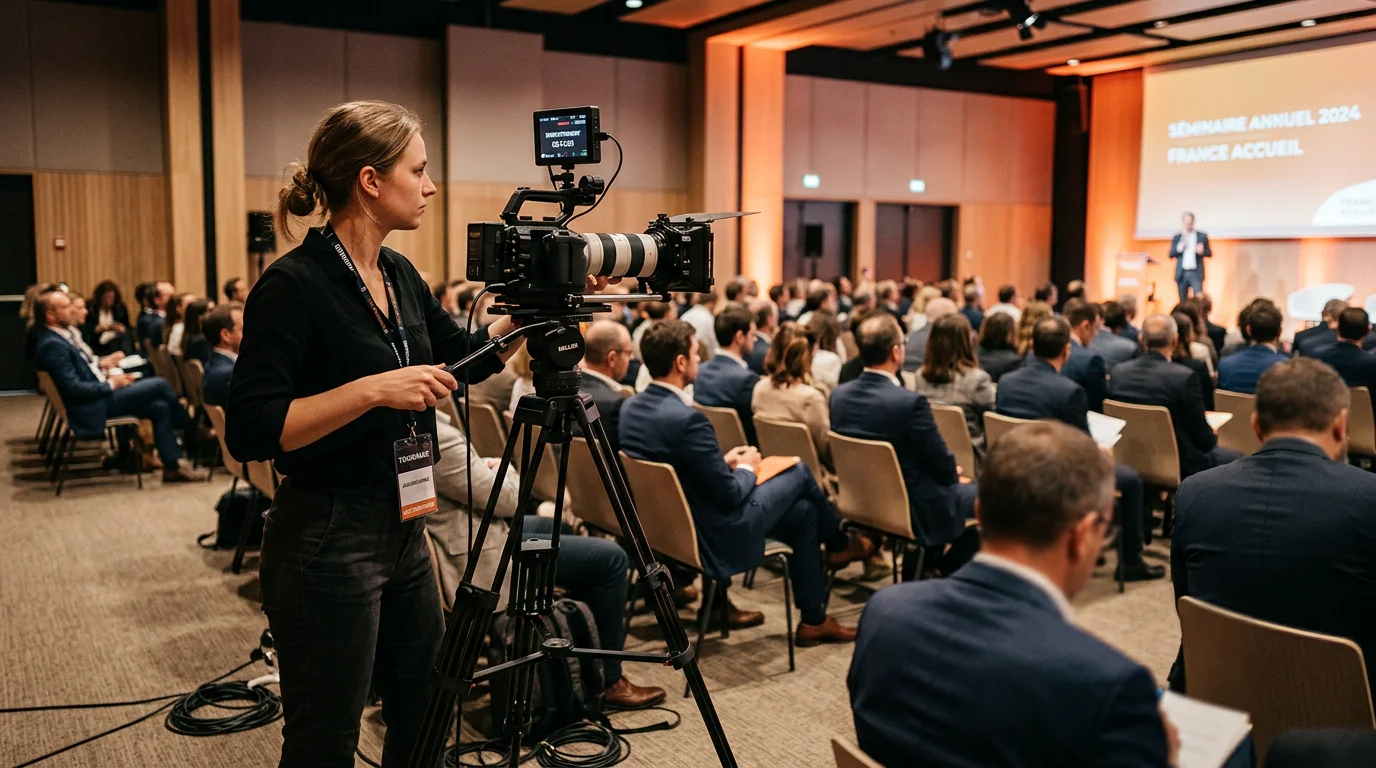 Vidéaste filmant un séminaire d'entreprise avec une caméra professionnelle