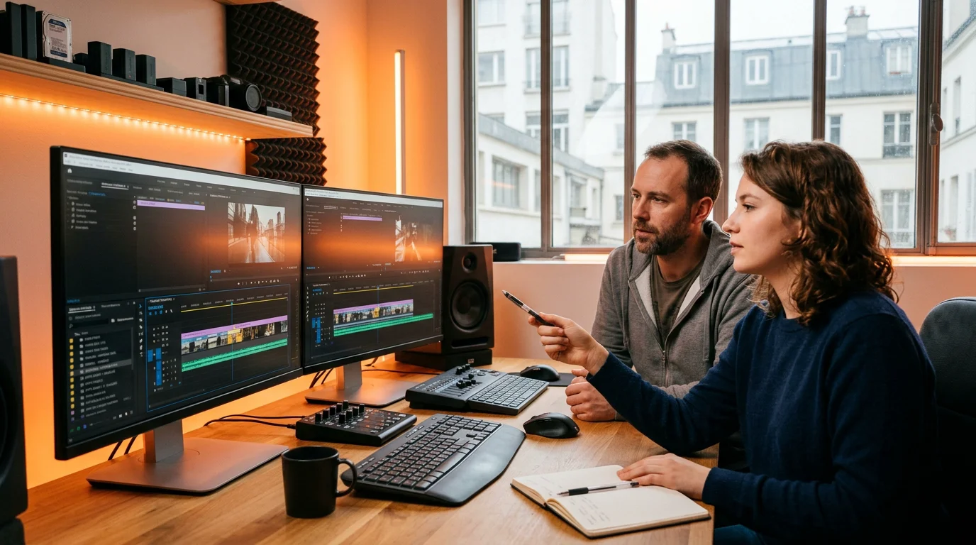 Équipe en montage vidéo devant une timeline sur écran d'ordinateur
