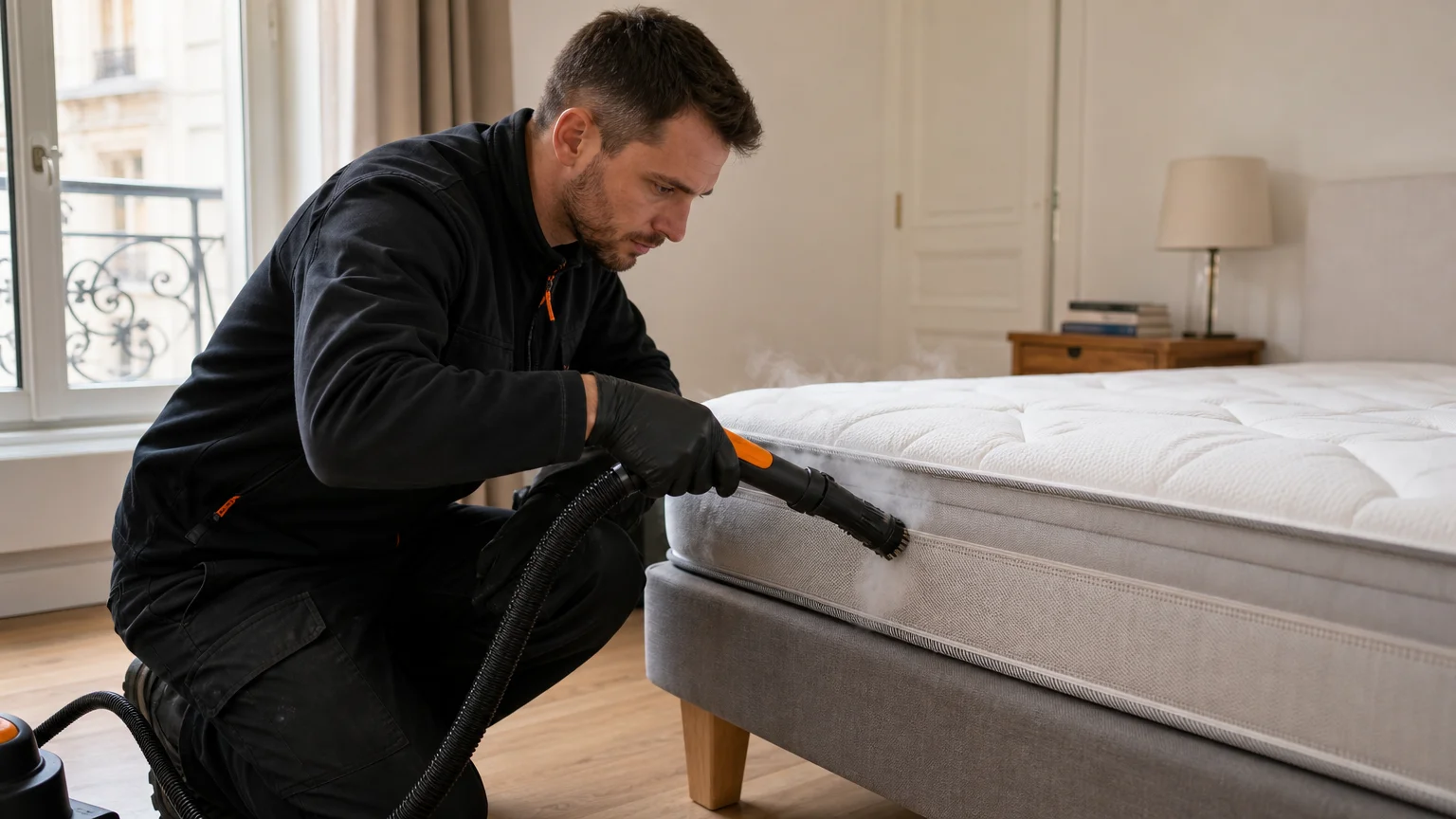 Technicien appliquant de la vapeur sèche sur la couture d’un matelas