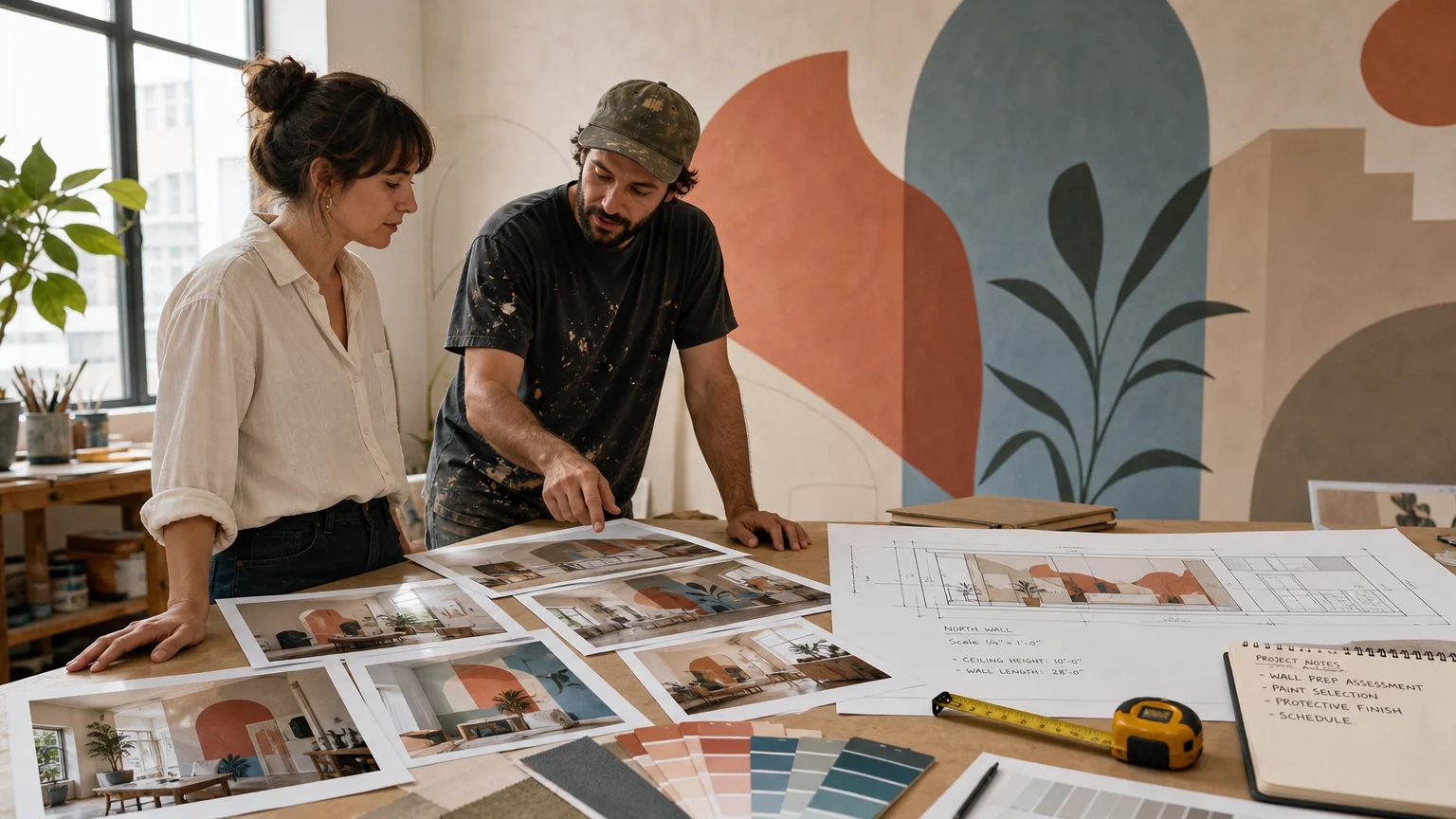Client and mural artist comparing portfolio examples beside a wall