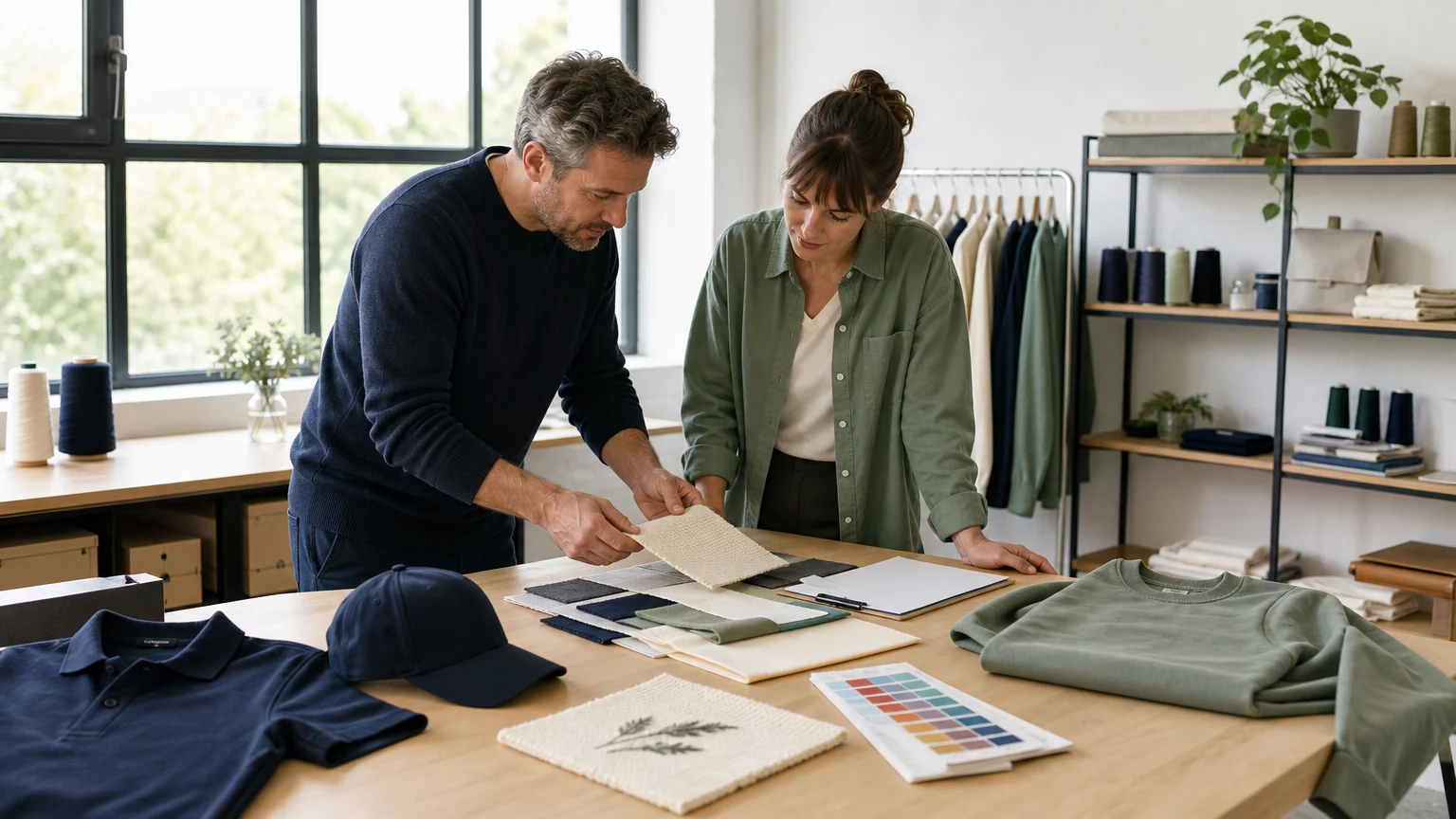 Professionnels comparant des matières textiles pour un projet publicitaire responsable