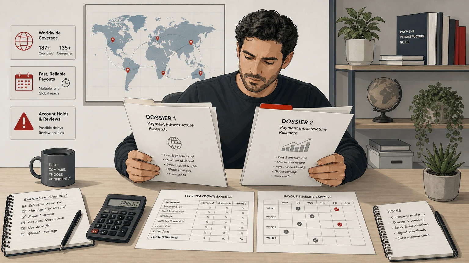 Editorial illustration of a creator comparing payment research evidence across countries
