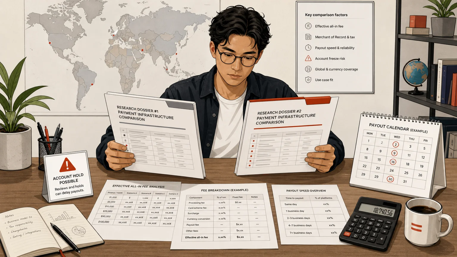 Editorial illustration of a creator comparing payment research evidence across countries