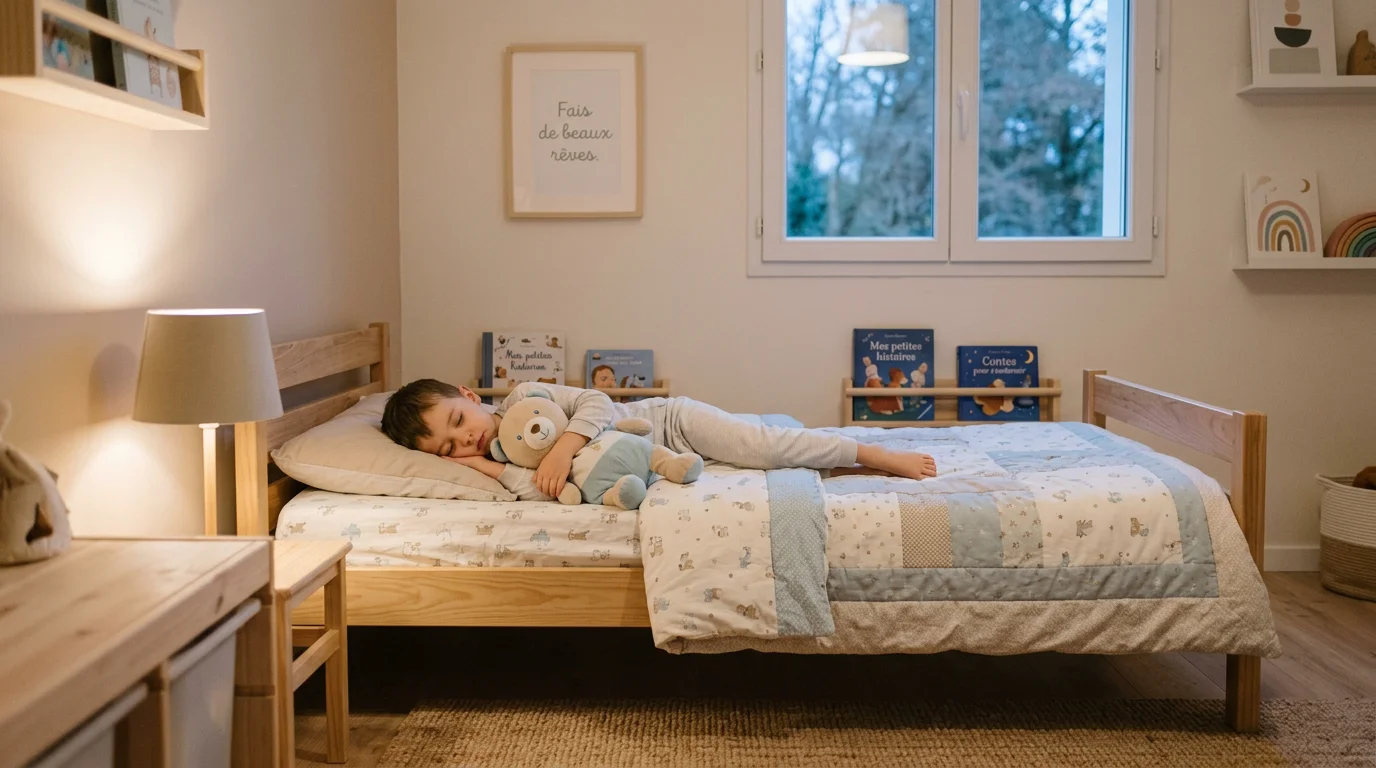 Jeune enfant s'endormant seul et paisiblement dans son lit avec sa peluche