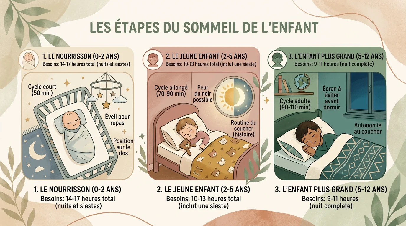 Illustration des repères de sommeil autonome selon les âges de l'enfant
