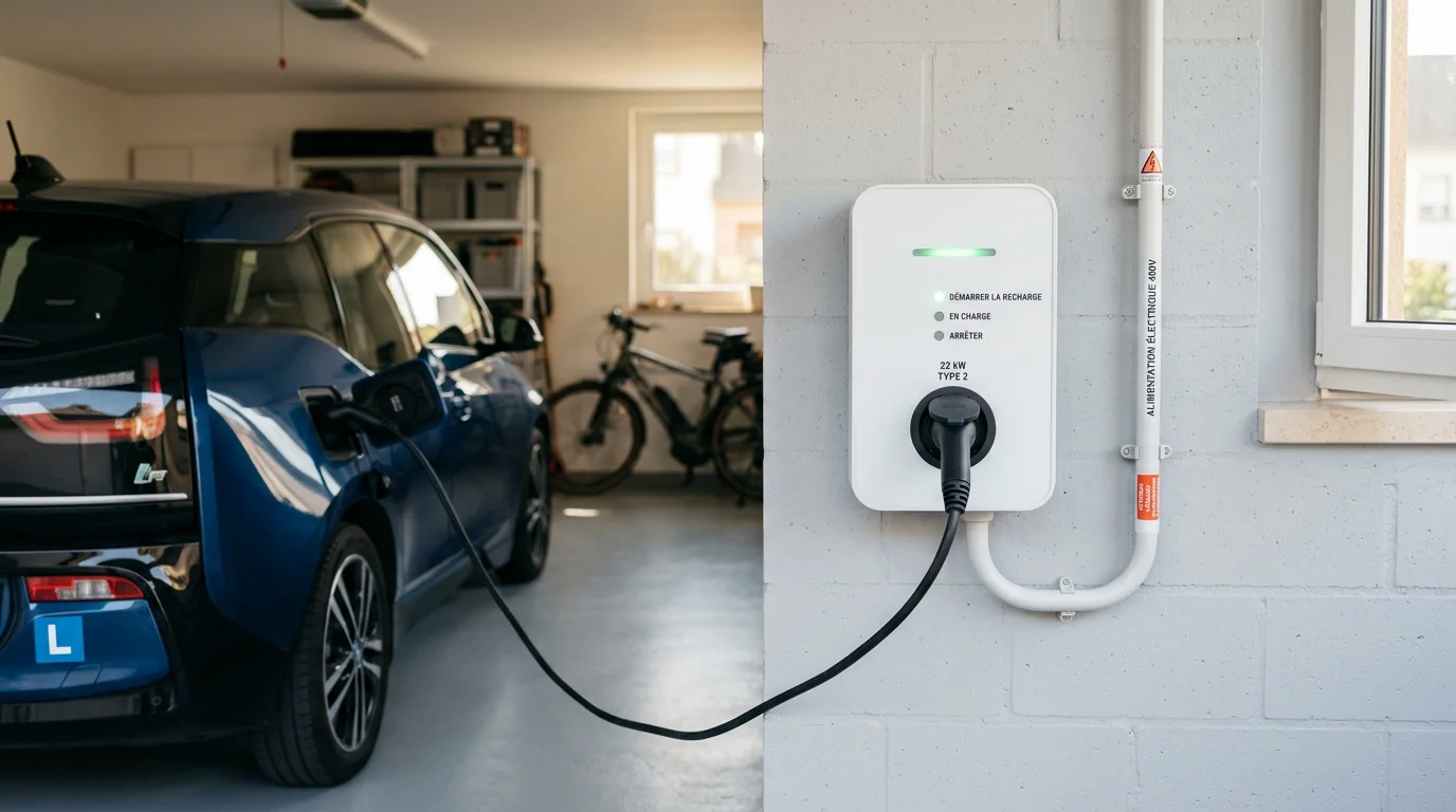 Wallbox murale blanche install&eacute;e dans un garage r&eacute;sidentiel avec c&acirc;ble Type 2 branch&eacute;