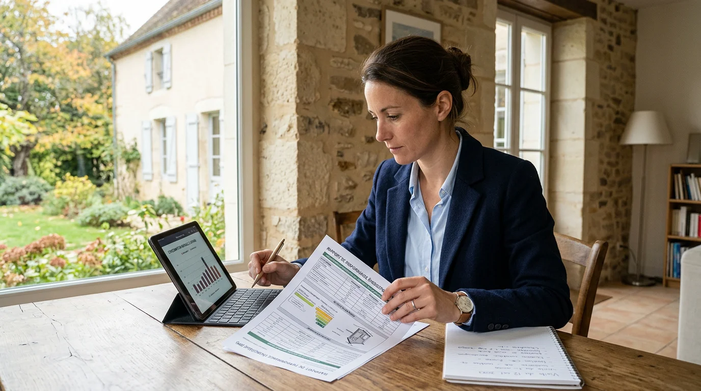 Un professionnel examine le rapport de performance énergétique d'une maison