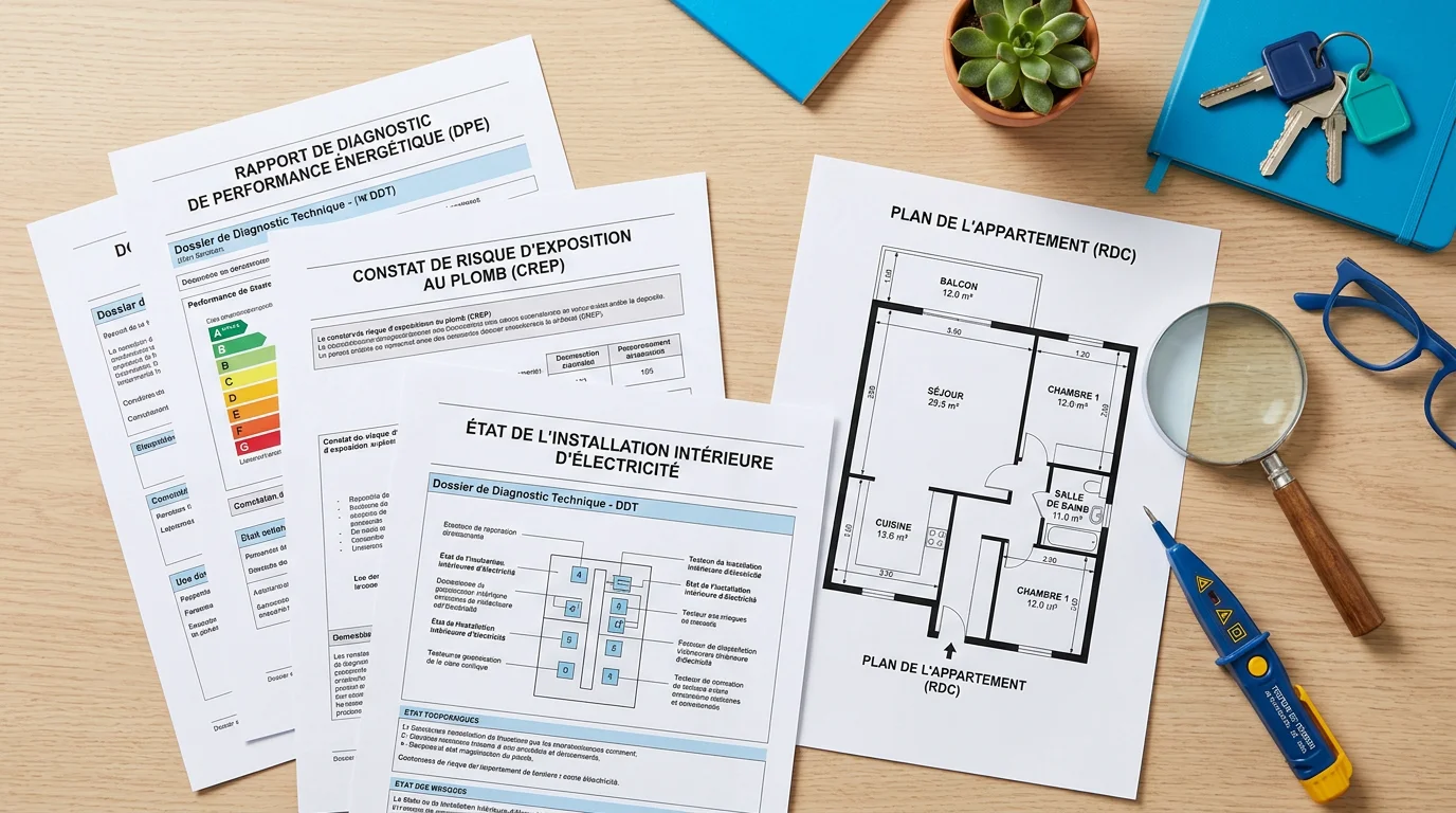 Documents de diagnostic immobilier disposés sur un bureau