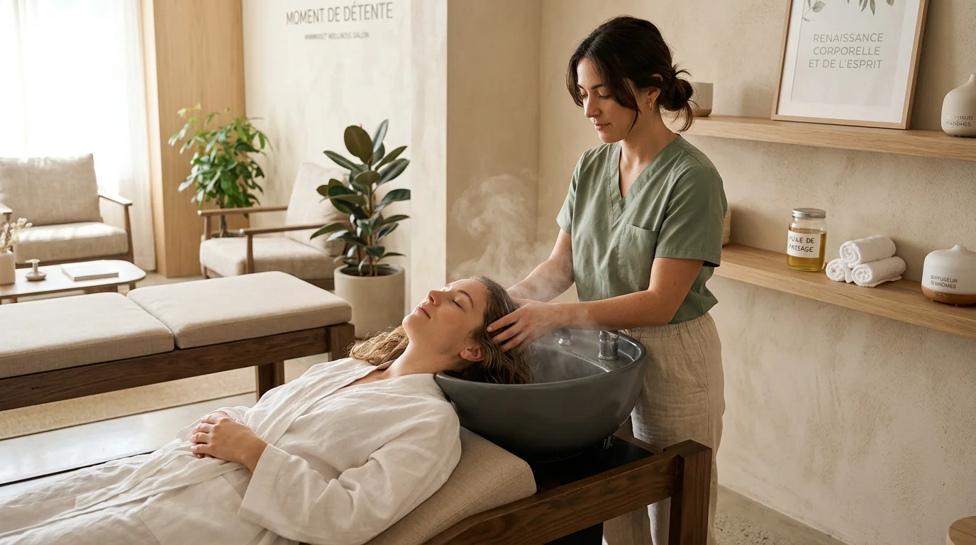 Praticienne réalisant un soin head spa japonais sur une table professionnelle en salon