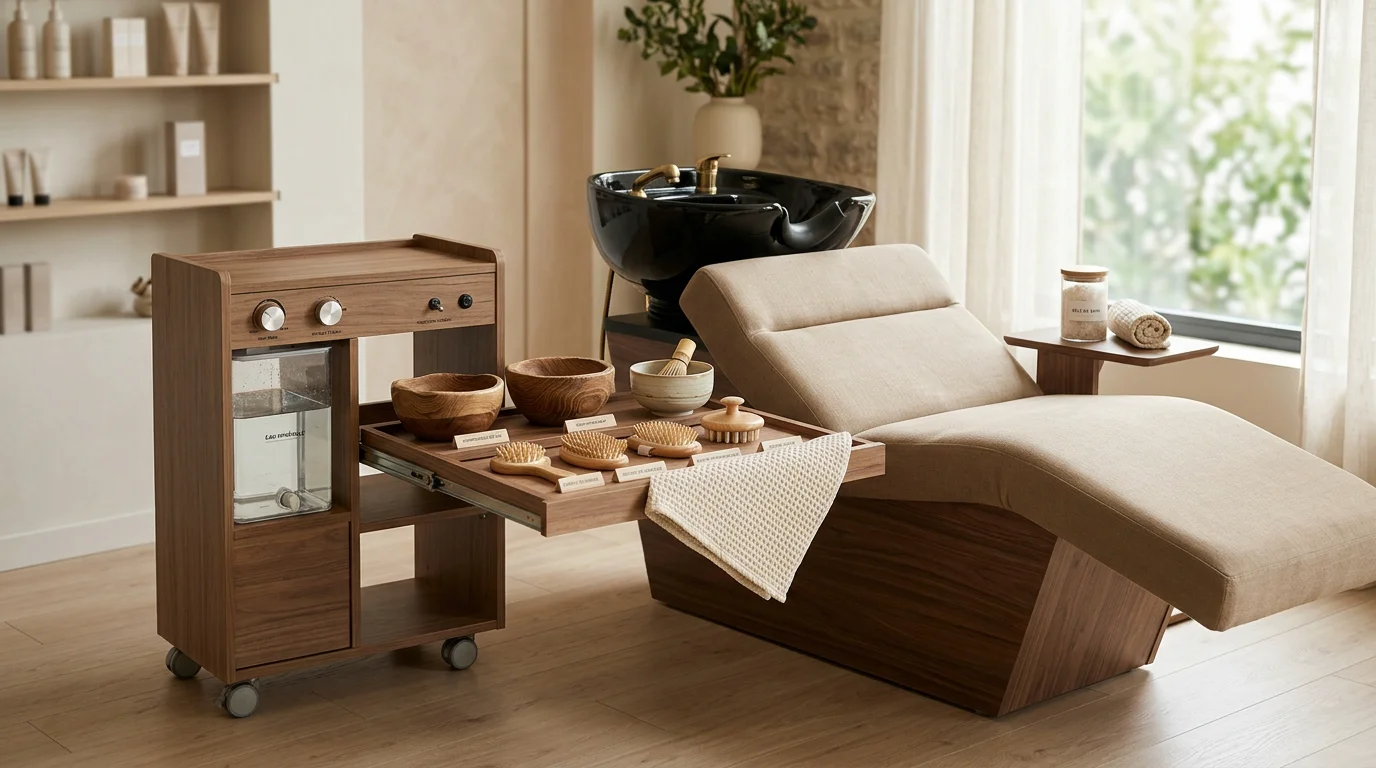 Station de head spa japonais dans un salon avec table, bac mobile et accessoires