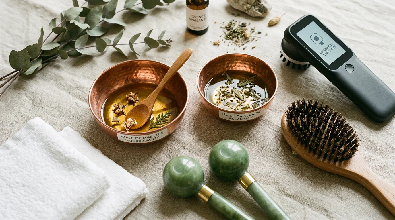 Accessoires de head spa japonais disposés à plat : bols en cuivre, brosse, globes et serviettes