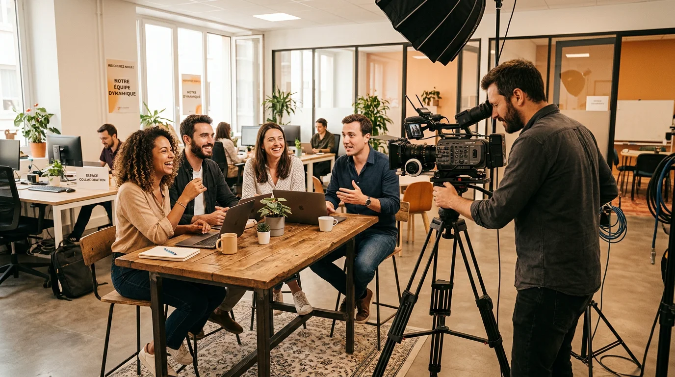 Tournage d'une vidéo de recrutement avec une équipe dans un open space