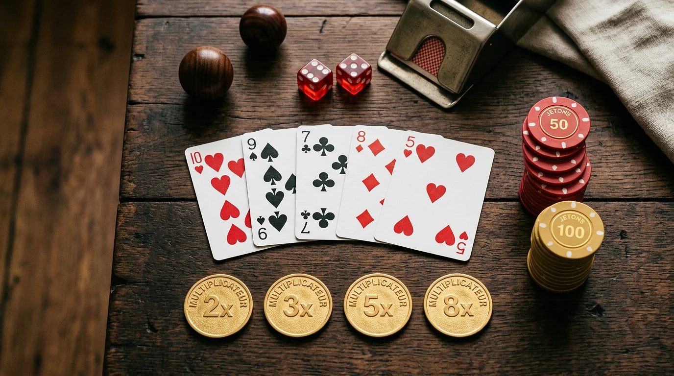 Cartes, jetons et jetons multiplicateurs de baccarat disposés à plat