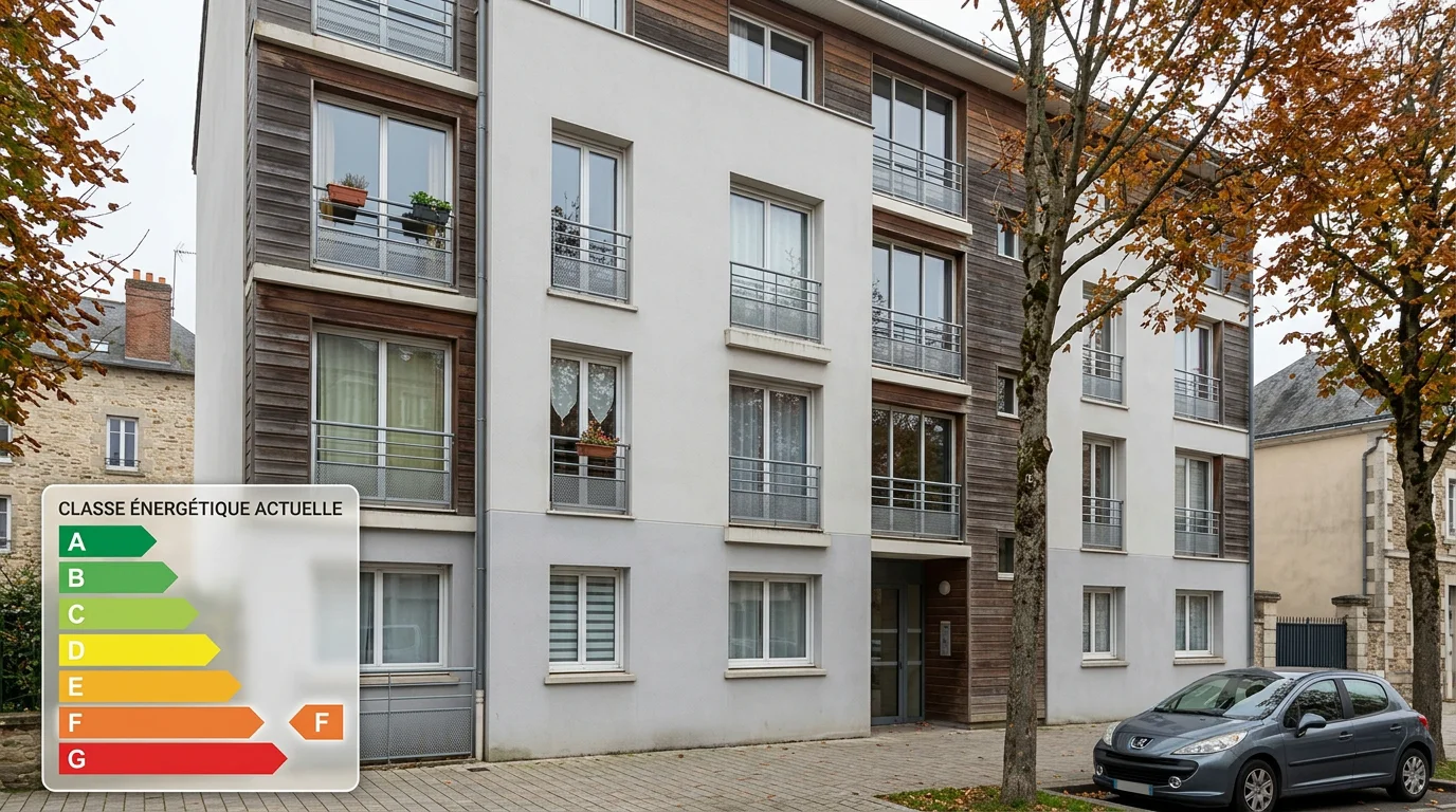 Immeuble résidentiel avec une échelle énergétique du DPE mettant en avant la lettre F