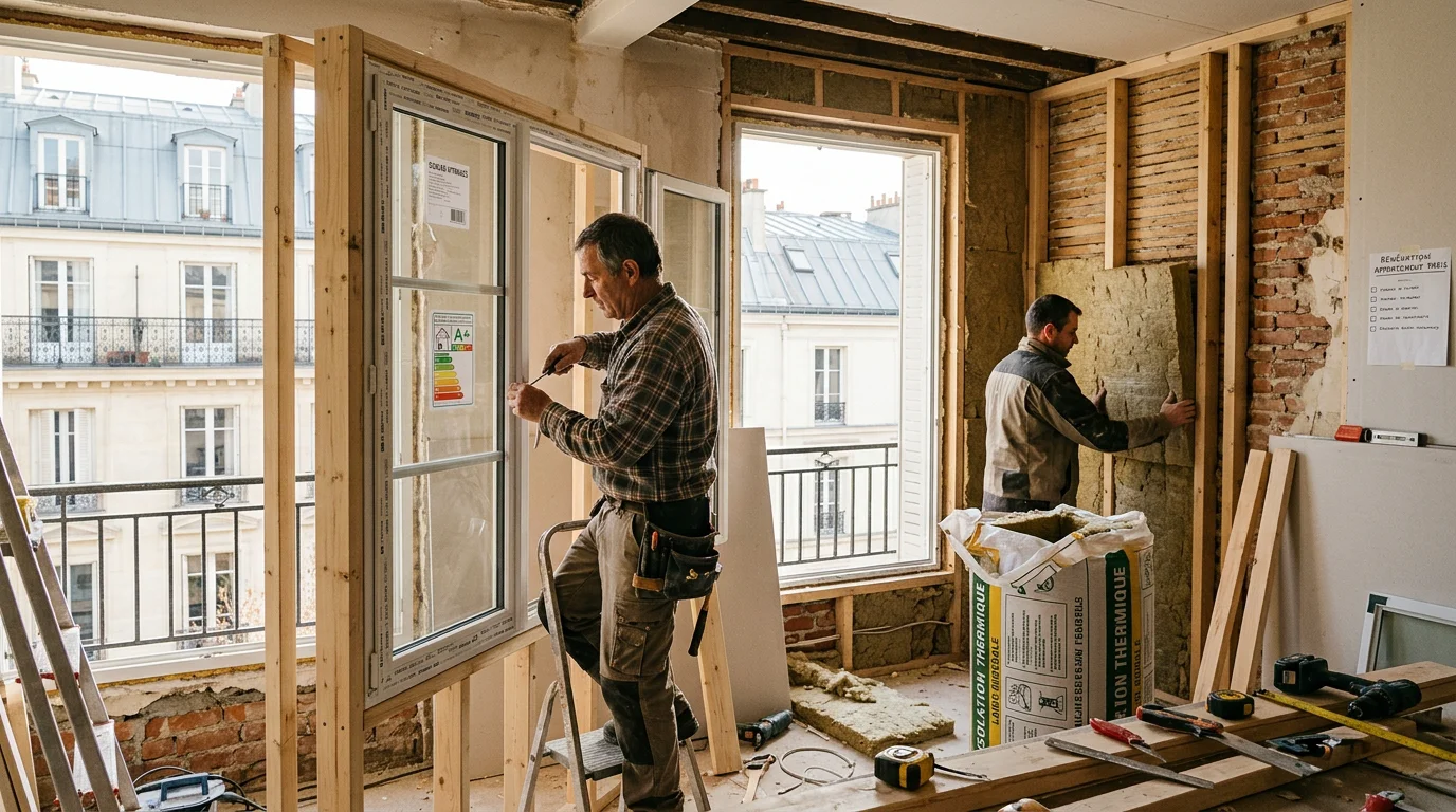 Travaux de rénovation énergétique dans un appartement, isolation et double vitrage