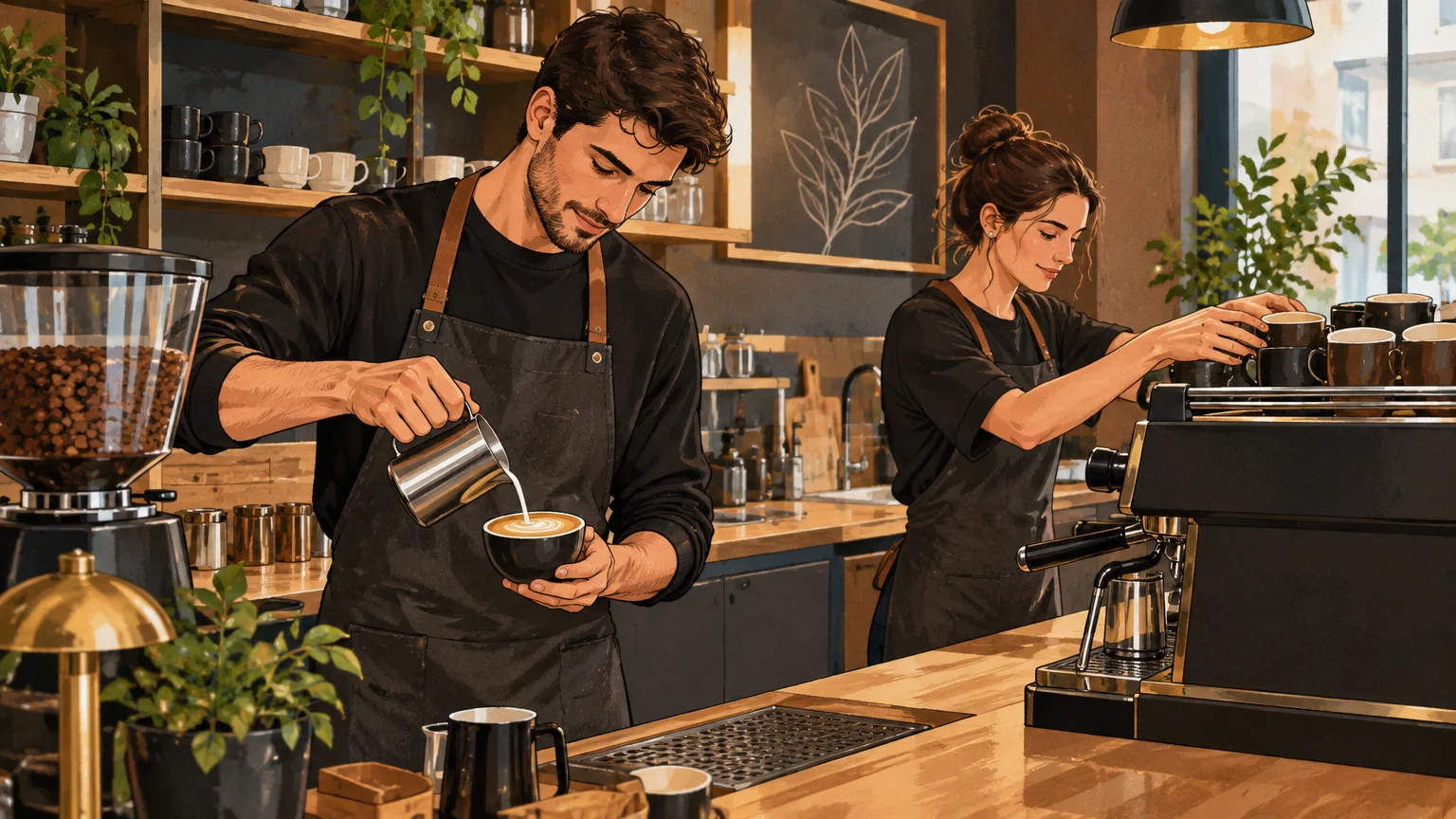 Deux baristas organisent le flux de préparation au comptoir
