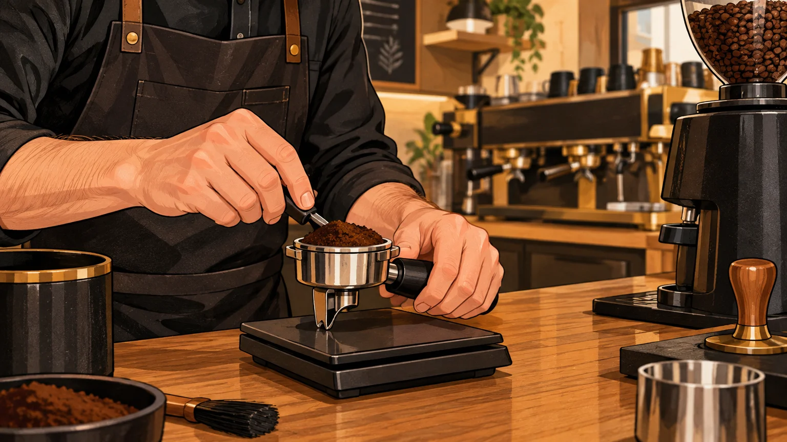 Un barista vérifie le dosage et l’équipement avant l’extraction