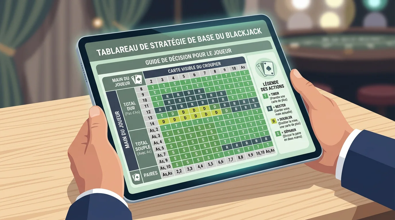 Tableau de stratégie de base du blackjack affiché sur une tablette