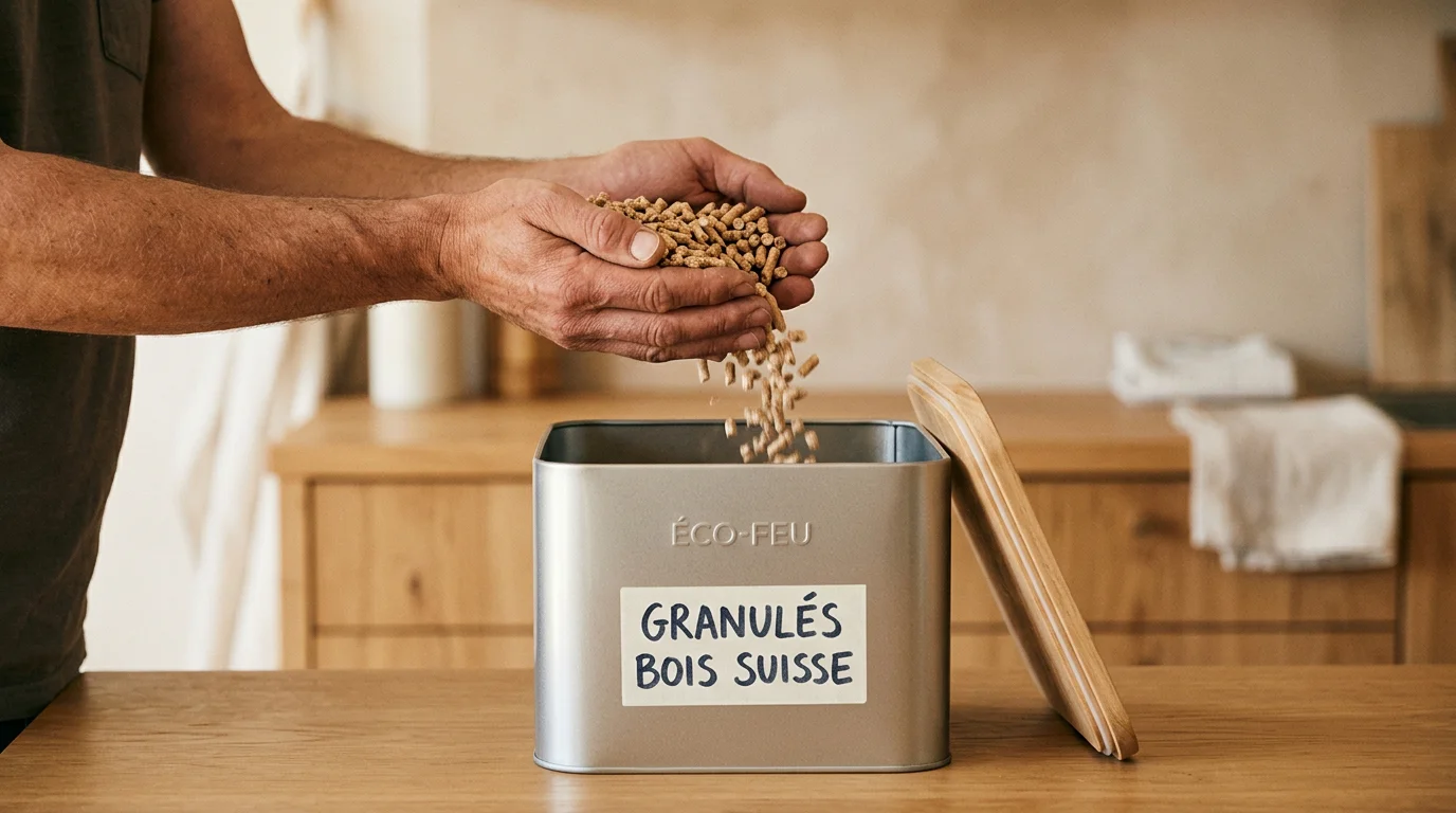 Granulés de bois versés dans un contenant de stockage moderne