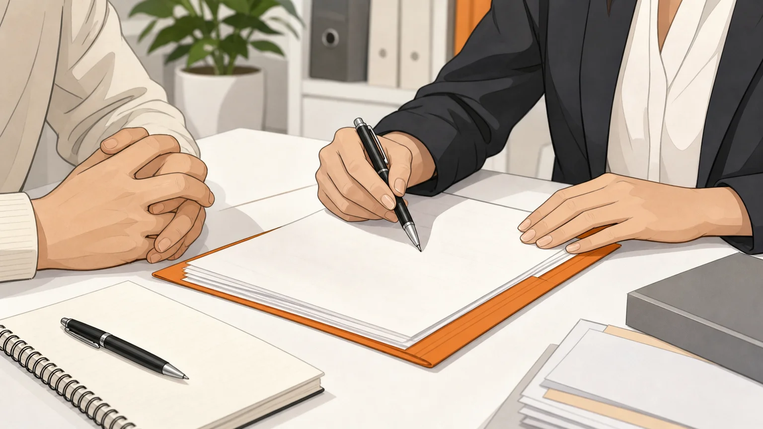 Gros plan illustré de mains consultant des documents juridiques sur un bureau