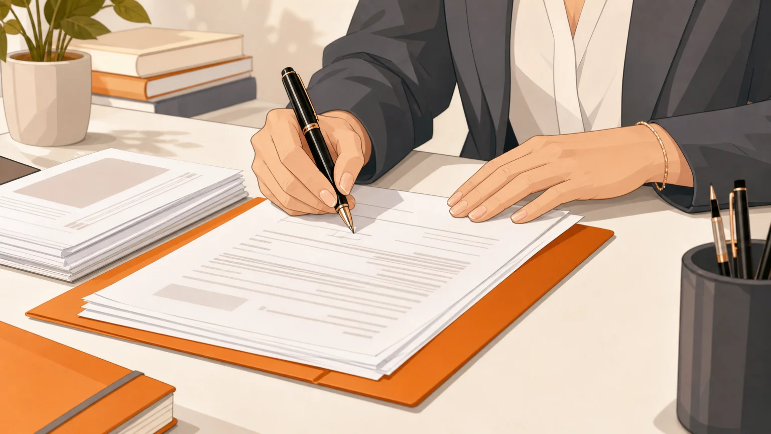 Mains signant un document juridique dans une ambiance de bureau sobre