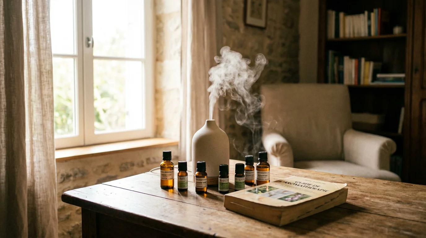 Flacons d'huiles essentielles sur une table de consultation de thérapeute avec diffuseur en céramique