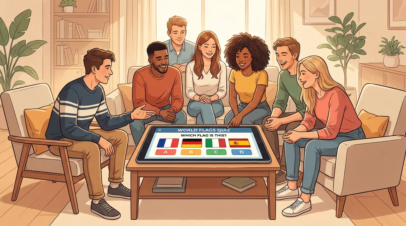 Friends playing a world flag quiz game together on a tablet
