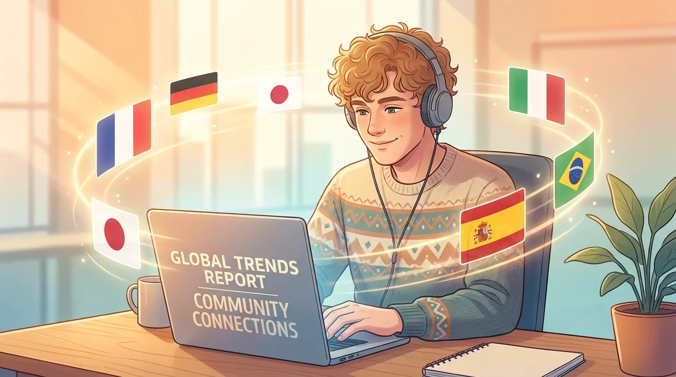 Person studying world flags on a laptop with flag icons floating around