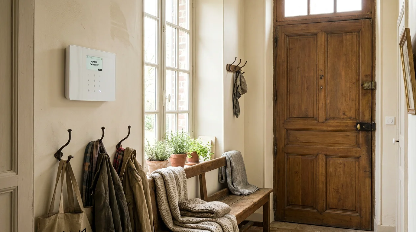 Panneau de commande d'alarme sans fil installé dans l'entrée d'une maison